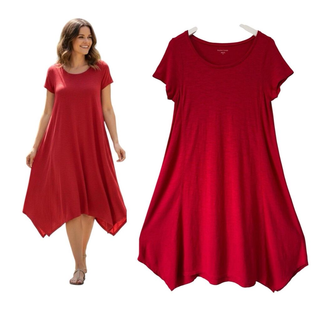 Eileen Fisher Red Hemp Organic Cotton Knit Dress Hanky Hem Short Sleeve SMALL